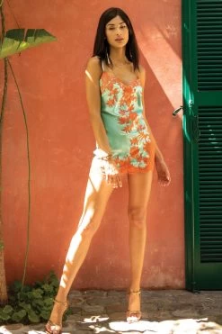 Marjolaine - Charlotte Seiden Slip Dress - Türkis/Koralle -Unterwäsche Rabatt MARJOLAINE SILK SLIP DRESS CHARLOTTE TUERKIS KORALLE 4 1280x1280